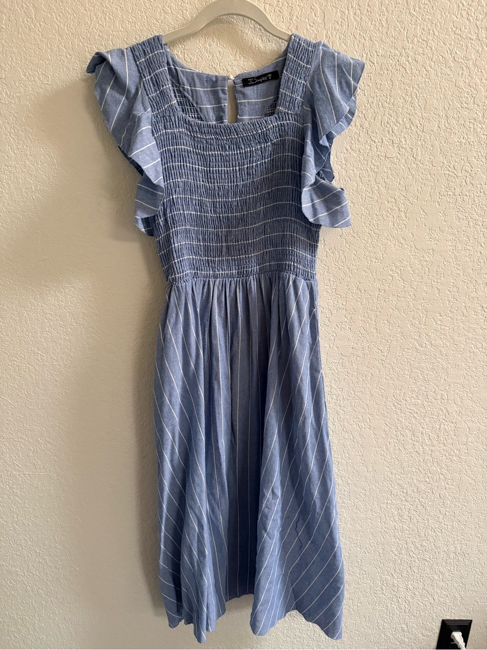 Simplee Apparel Light Blue Striped Midi Dress with Ruffle Sleeves